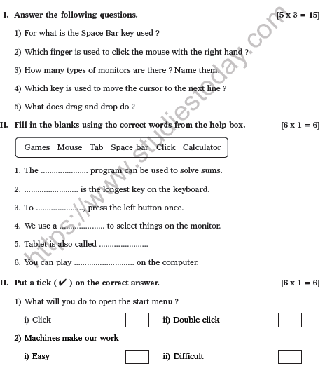 CBSE Class 1 Computer Practice Worksheet Set F