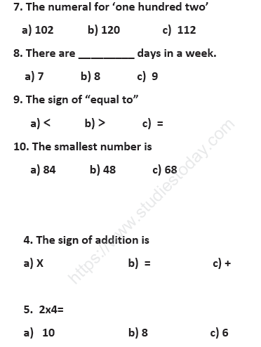 CBSE Class 1 Mathematics Sample Paper Set C