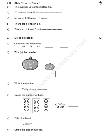 CBSE Class 1 Mathematics Sample Paper Set K