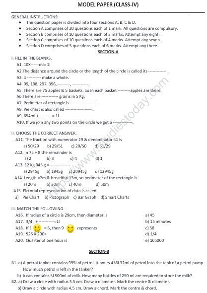 CBSE Class 4 Mathematics Sample Paper Set K