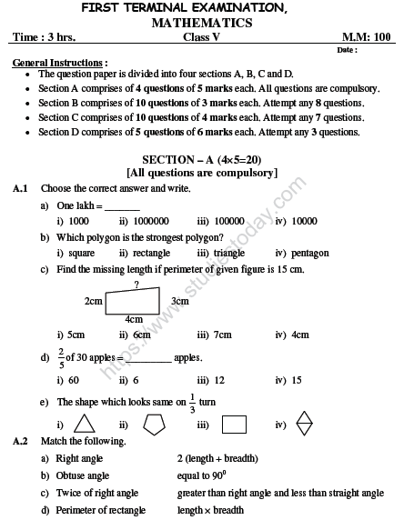 CBSE Class 5 Mathematics Sample Paper Set L
