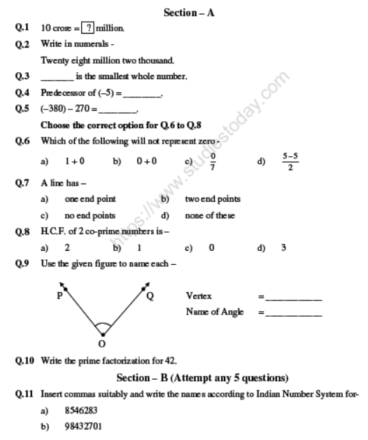 CBSE Class 6 Mathematics Sample Paper Set 5