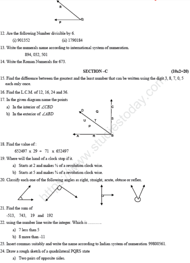 CBSE Class 6 Mathematics Sample Paper Set W