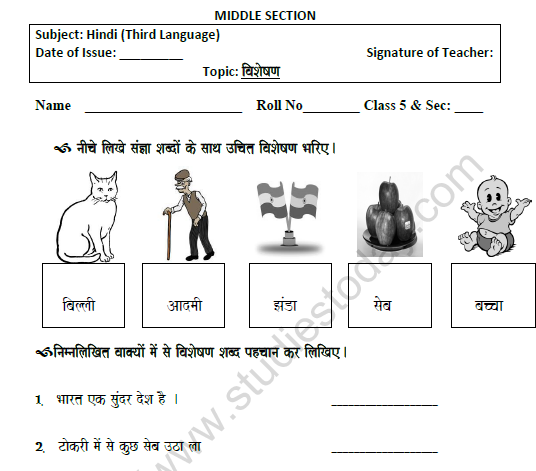 CBSE Class 5 Hindi Adjective Worksheet Set C 1