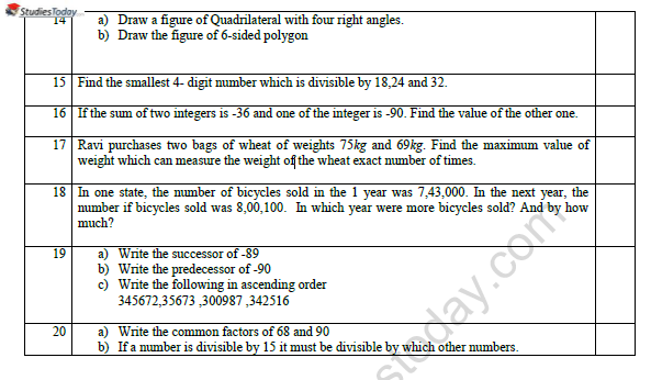 CBSE Class 6 Mathematics Revision Worksheet Set D 2