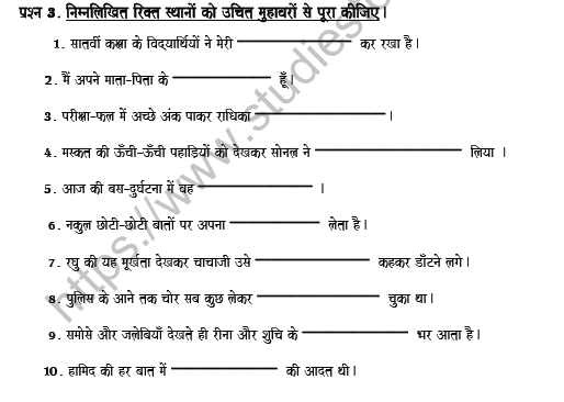 CBSE Class 7 Hindi Idioms Worksheet 3