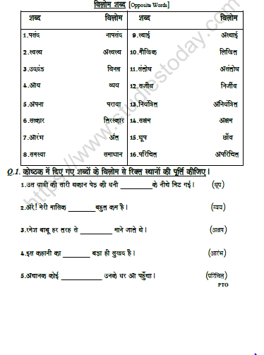 CBSE Class 7 Hindi Opposites Set A 1
