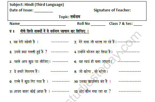 CBSE Class 7 Hindi Pronoun Worksheet 1