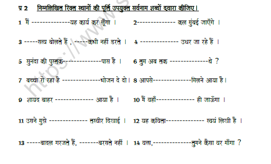 CBSE Class 7 Hindi Pronoun Worksheet 2