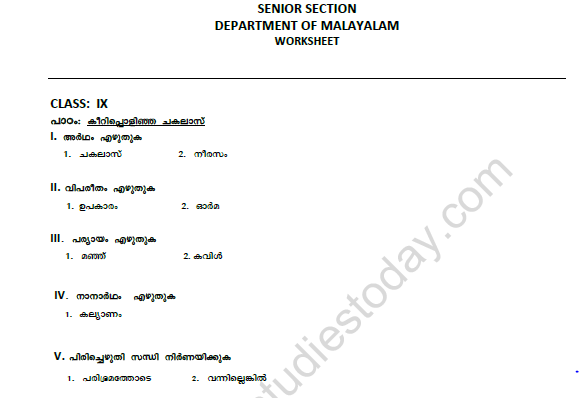 CBSE Class 9 Malayalam Keeripolinja Chakalas Worksheet 1