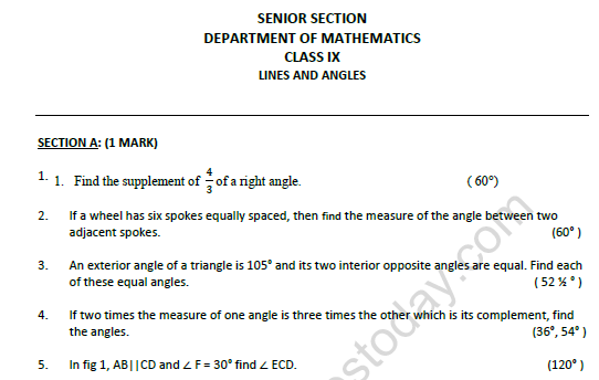 CBSE Class 9 Mathematics Lines and Angles Worksheet Set A 1