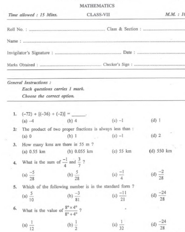 CBSE Class 7 Mathematics Sample Paper Set M