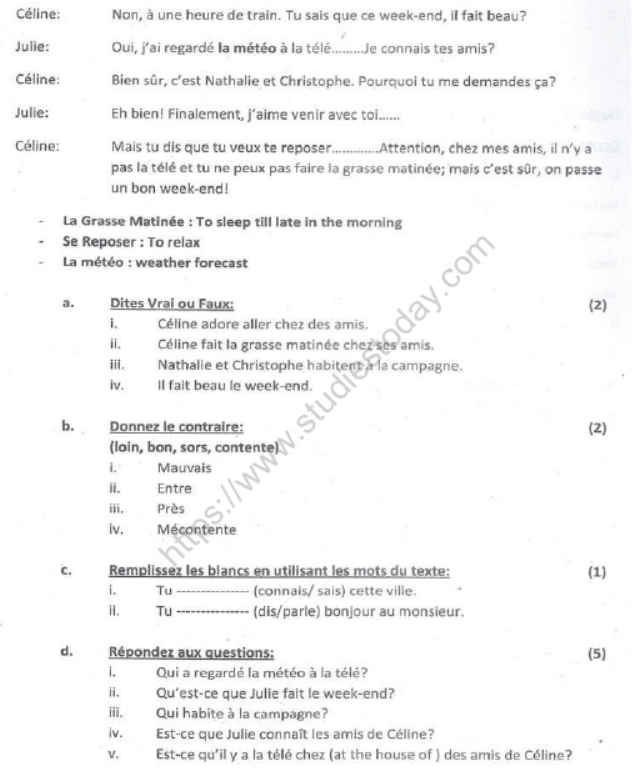 CBSE Class 8 French Sample Paper Set E