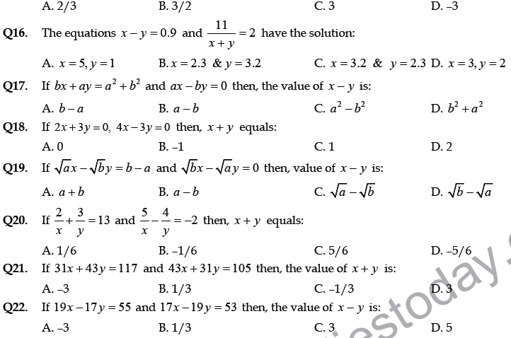 CBSE Class 10 Mathematics Pairs of Linear Equations in Two Variables MCQs Set A-
