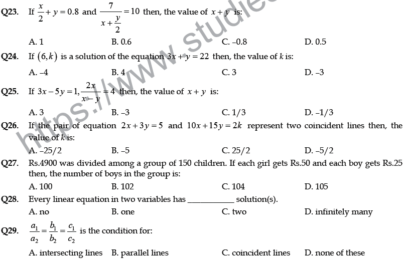 CBSE Class 10 Mathematics Pairs of Linear Equations in Two Variables MCQs Set A-1