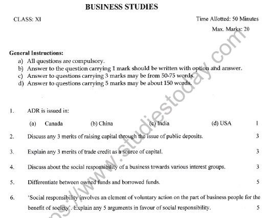 CBSE Class 11 Business Studies Worksheet Set N Solved 1