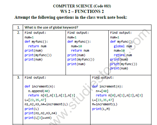 CBSE Class 12 Computer Science Functions Worksheet Set A 1