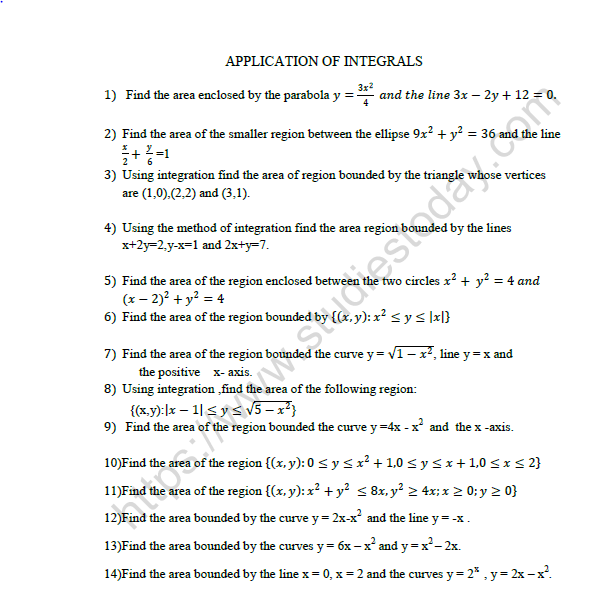 CBSE Class 12 Mathematics Application of Integrals Worksheet Set A
