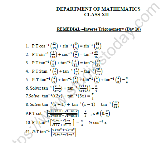 CBSE Class 12 Mathematics Inverse Trignometric Function Worksheet Set B