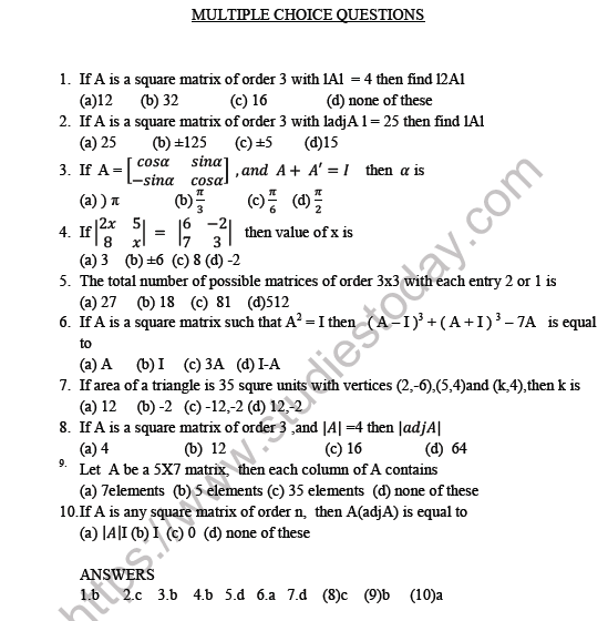 CBSE Class 12 Mathematics Matrices and Determinants MCQs Set A