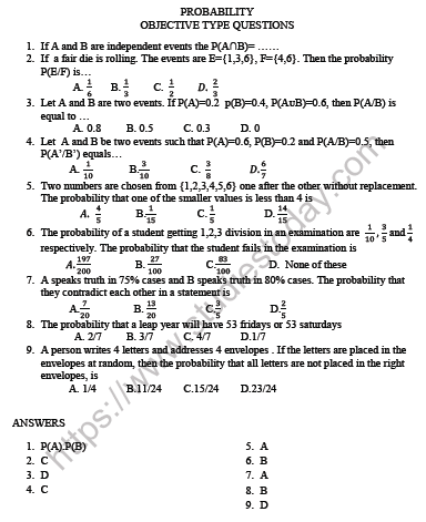 CBSE Class 12 Mathematics Probability MCQs Set A