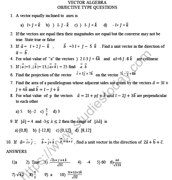 CBSE Class 12 Mathematics Vectors Algebra MCQs Set A