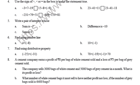 CBSE Class 7 Mathematics Integers Question Bank 2