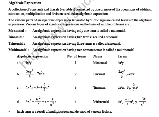 CBSE Class 8 Maths Algebraic Expressions and Identities Worksheet 5