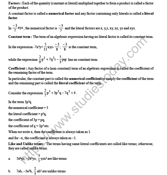 CBSE Class 8 Maths Algebraic Expressions and Identities Worksheet 6