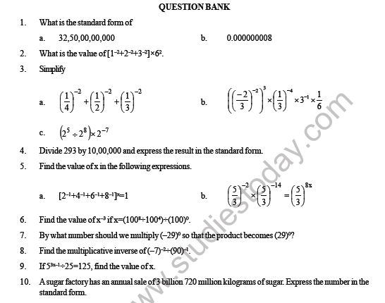 CBSE Class 8 Maths Exponents and powers Question Bank 1