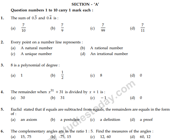 CBSE Class 9 Mathematics Sample Paper Set 53