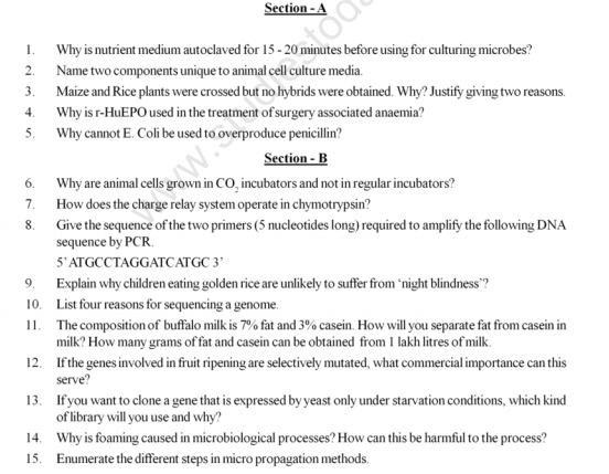 CBSE Class 12 Biotechnology Sample Paper