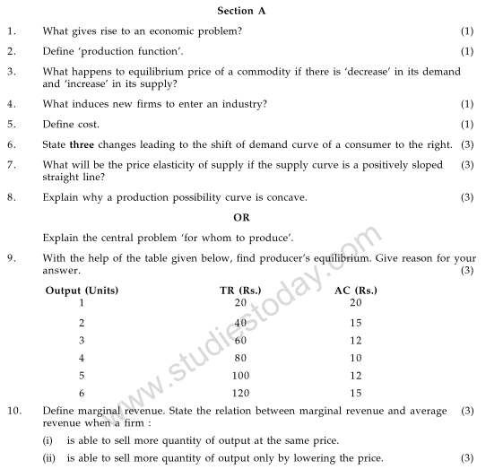CBSE Class 12 Economics Sample Paper 2010 (1)