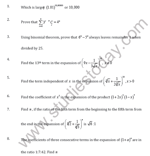 CBSE Class 11 Binomial Theorem Worksheet A