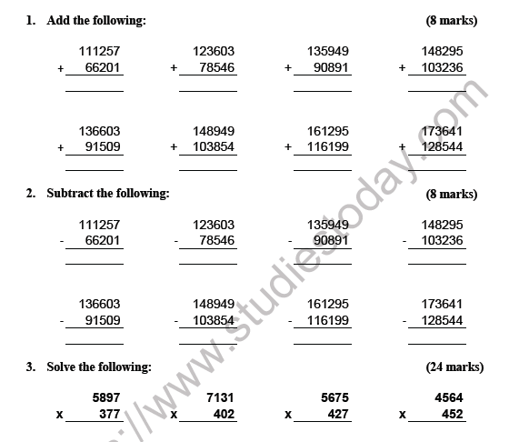 CBSE Class 5 Mathematics Practice Worksheet Set A
