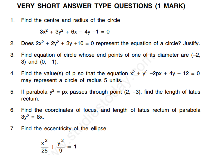 CBSE Class 11 Mathematics Conic Sections Assignment Set A