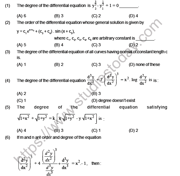 JEE Mathematics Differential Equations MCQs Set B