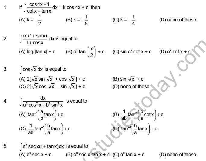 JEE Mathematics Indefinite Integrals MCQs Set A-