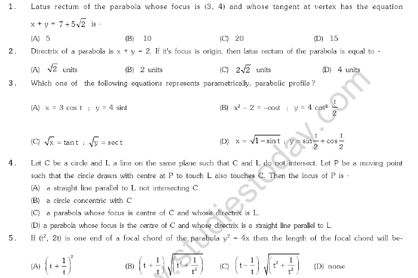 JEE Mathematics Parabola MCQs Set B