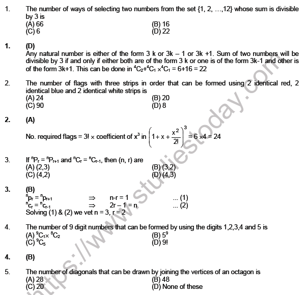 JEE Mathematics Permutation and Combination MCQs Set A