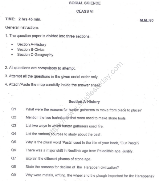 CBSE Class 6 Social Science Sample Paper Set M