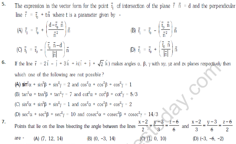 JEE Mathematics Three Dimensional Geometry MCQs Set C-1