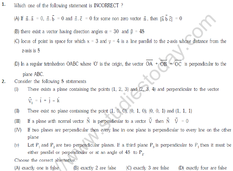 JEE Mathematics Three Dimensional Geometry MCQs Set C