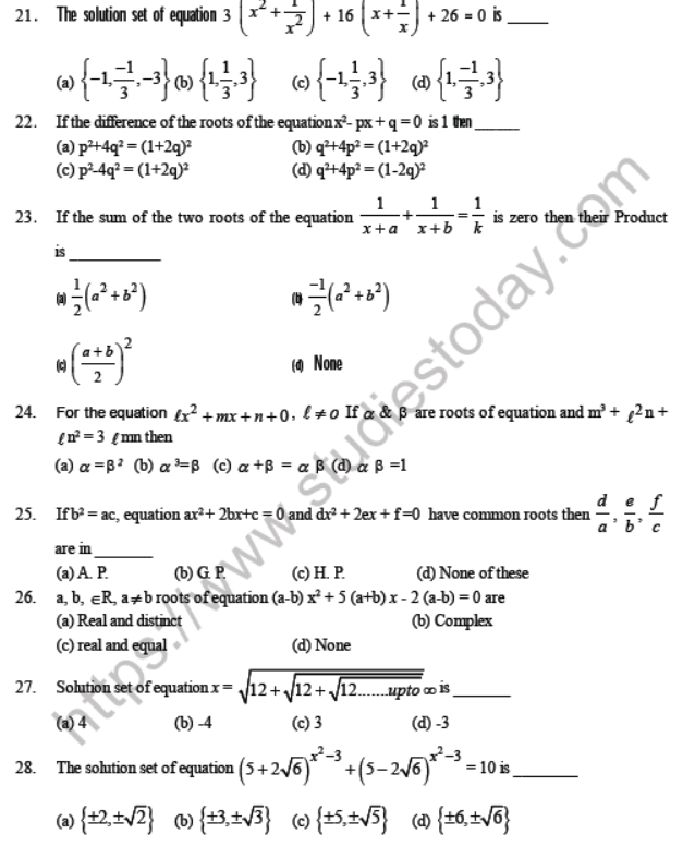 JEE Mathematics Quadratic Equation MCQs