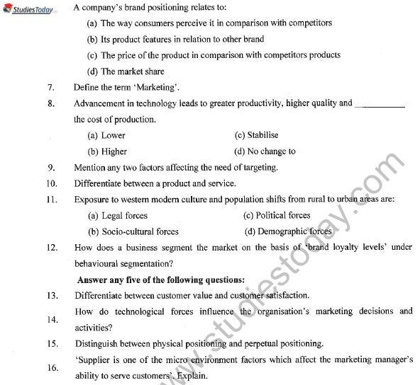 CBSE Class 11 Marketing Sample Paper Set D Solved 2