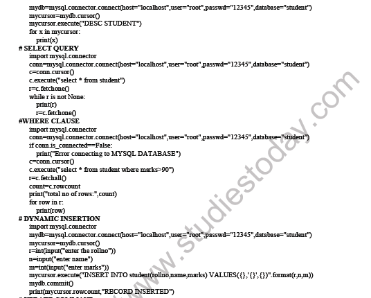 CBSE Class 12 Computer Science Interface Python with an SQL database Notes 2
