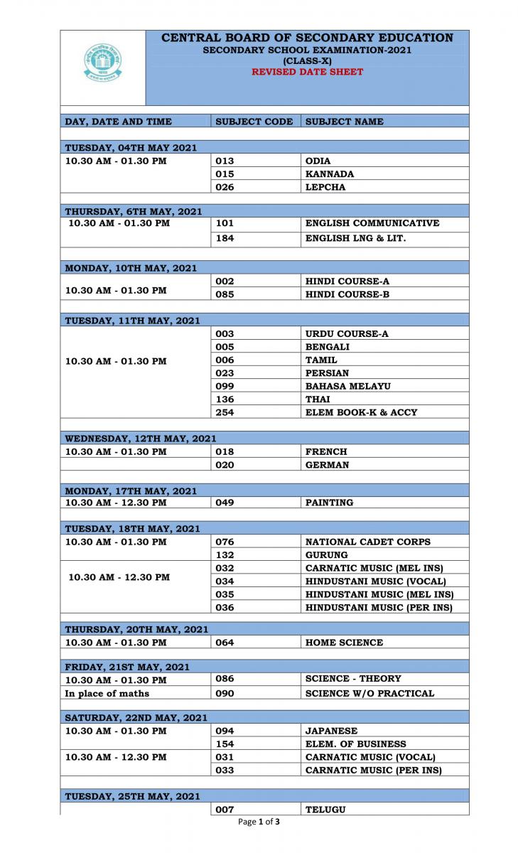 Revised Datesheet for Class 10