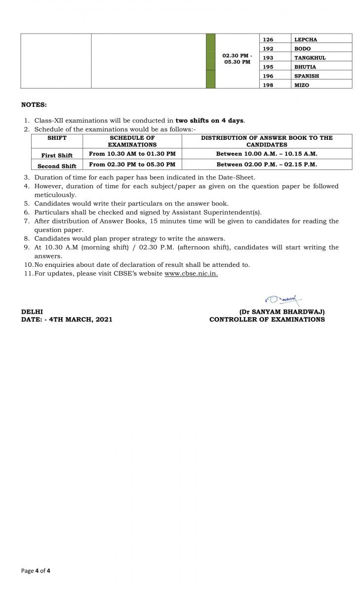 Revised Datesheet for Class 12