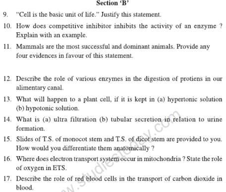 CBSE Class 11 Biology Sample Paper Set 19