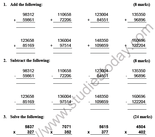 CBSE Class 5 Mathematics Practice Worksheet Set F